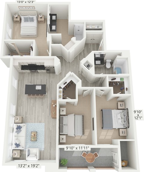 Floor plan for 3 beds, 2 baths, 1487 sqft